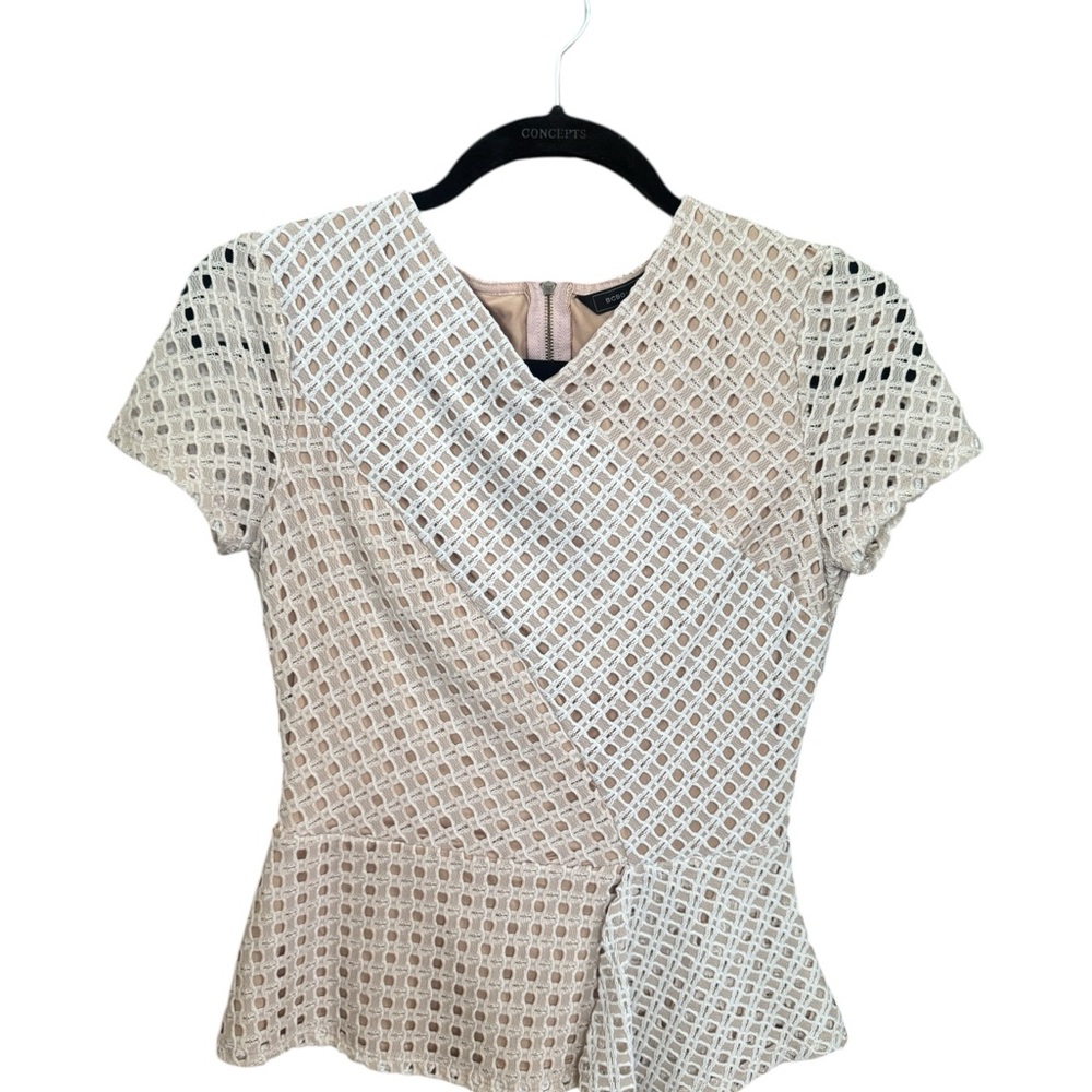 BCBG MAXAZRIA Kayleigh  Peplum Blouse Lace Eyelet short sleeve